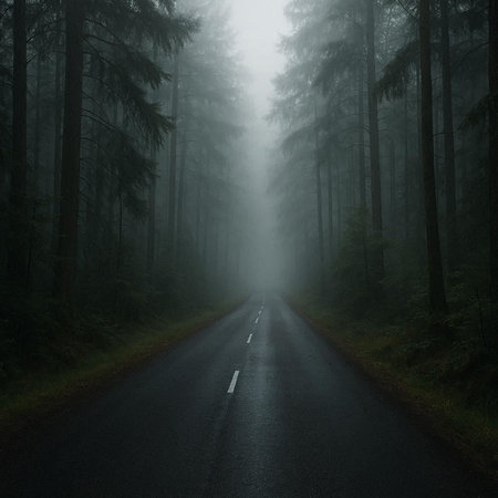 Foggy road in the dark forest. Carpathians, Ukraine