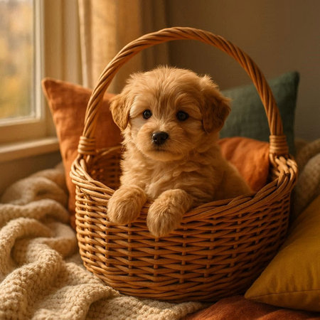 Cute puppy in a wicker basket.
