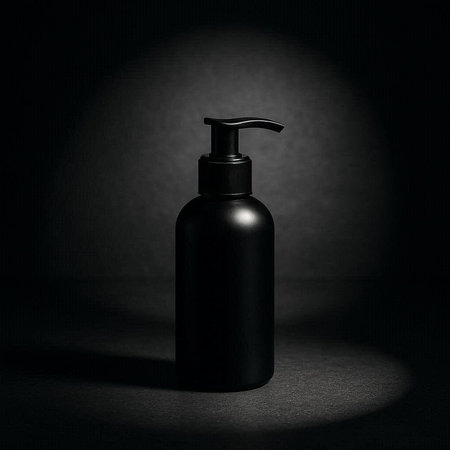 Mockup of black cosmetic bottle with dispenser on black backgroundの写真素材
