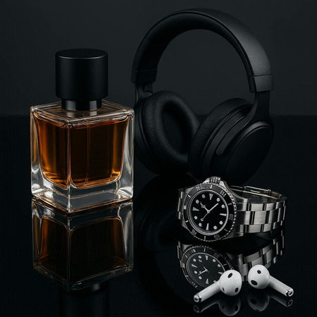 Men's accessories on a black background. Wristwatch, headphones, perfume.の写真素材