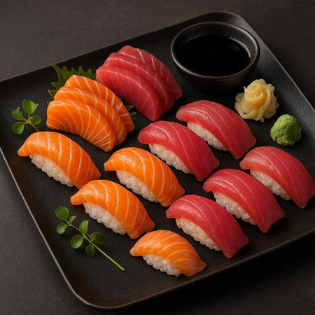 Sushi set with salmon and tuna on black plateの写真素材