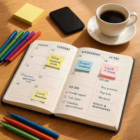 Weekly planner with cup of coffee on wooden table, business planning concept