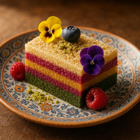 Piece of rainbow cake decorated with raspberries and blueberriesの写真素材