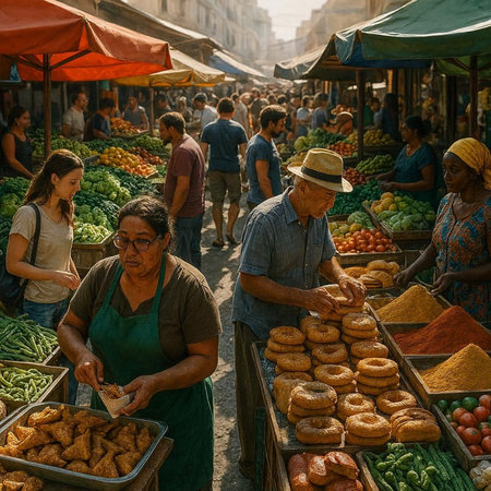 View of unknowns Nepali people selling vegetables at the street market in Kathmandu in the morning