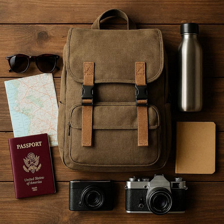 Flat lay composition with backpack, camera and map on wooden background