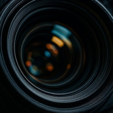 Close-up of a camera lens with blurred bokeh background