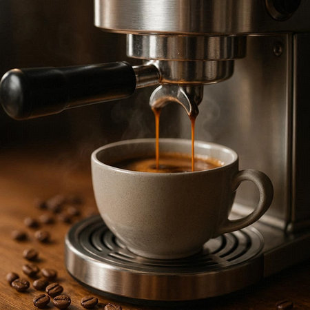 Coffee machine and coffee beans on wooden table, close up