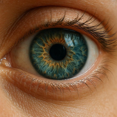 Close up of a human green eye with blue iris. Macroの写真素材