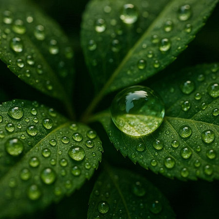 Water droplets on green leaf macro close up. Natural background.