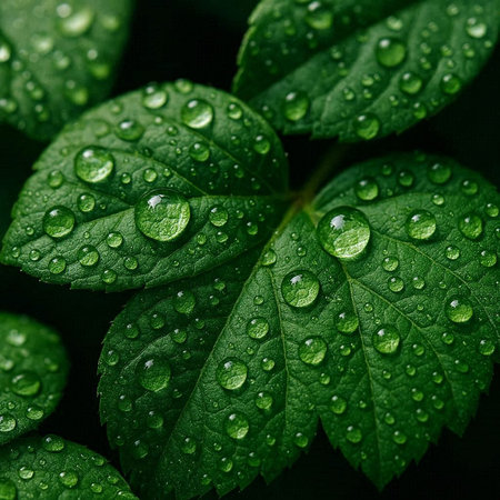 Green leaves with water drops close-up. Natural background for design.