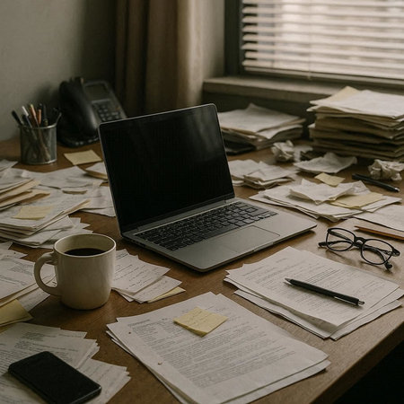 Laptop with blank screen on table full of documents and coffee cup