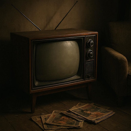 Vintage television on a wooden table in a dark room