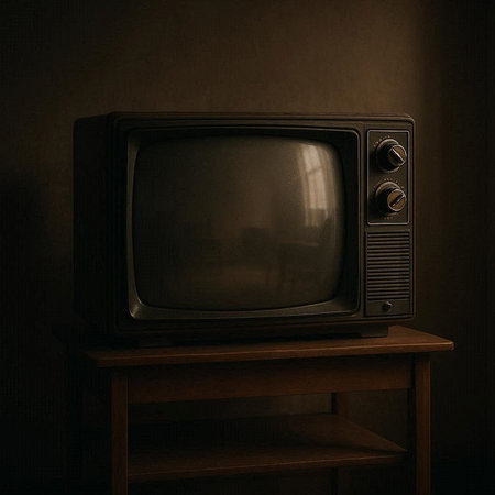 Retro TV on a wooden shelf in a room with dark wall