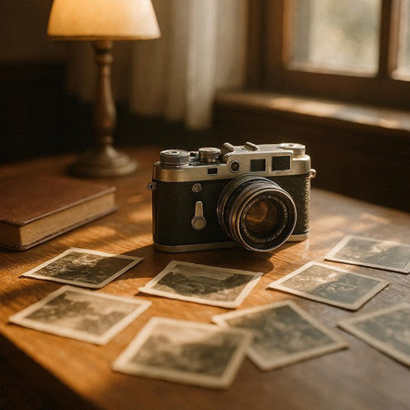 Vintage camera, old photos and lamp on a wooden table.の写真素材