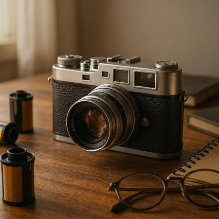 Retro camera on a wooden table with books and eyeglasses