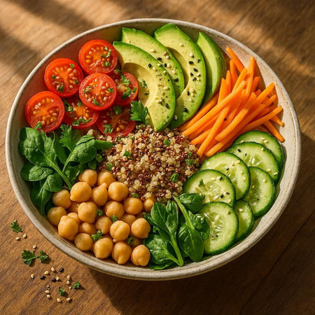 Healthy salad bowl with chickpeas, tomatoes, cucumbers, carrots, spinach and quinoa.