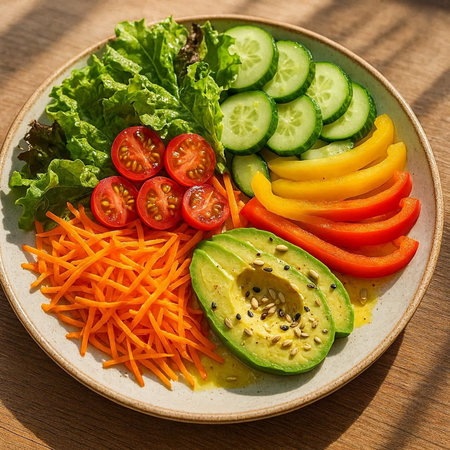 Vegetable salad with avocado, tomato, cucumber and carrot