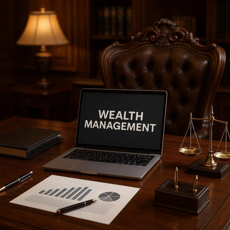 Laptop with text WEALTH MANAGEMENT on the screen and office desk.