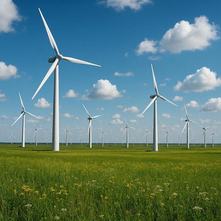 Wind turbines on a green meadow and blue sky with white clouds