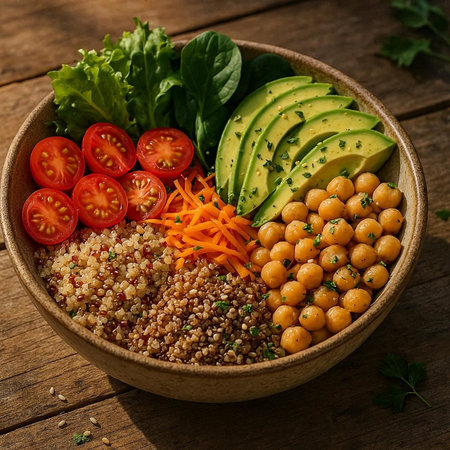 Healthy bowl with quinoa, chickpeas, tomatoes, avocado and salad on wooden backgroundの写真素材