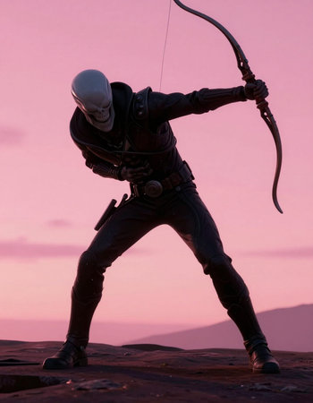 Archer with a bow and arrow in the desert at sunset.