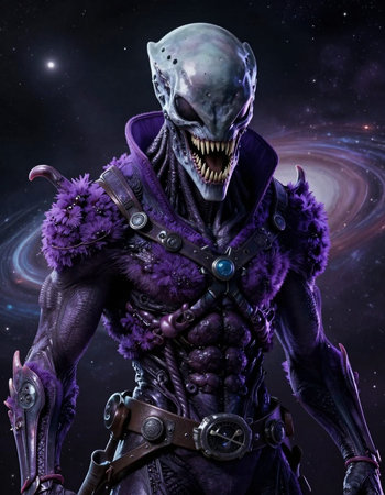 3d rendering of a female alien in a fantasy space scene.