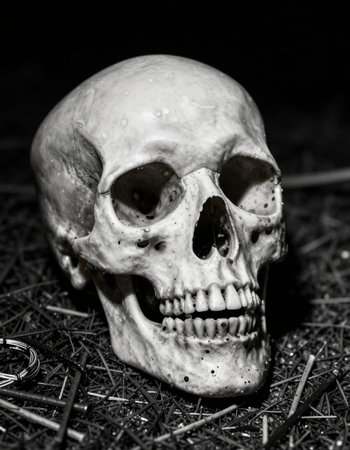 Human skull on the ground. Black and white photo. Halloween concept.