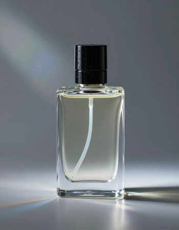 Perfume bottle on a grey background with a spotlight in the corner