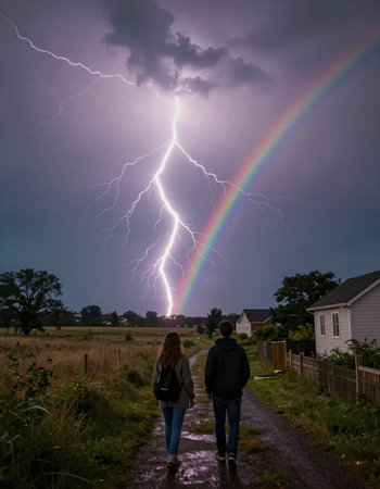 A couple watches a thunderstorm with a rainbow in the sky.の写真素材