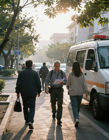 Group of Asian people walking in the street in front of ambulance car.
