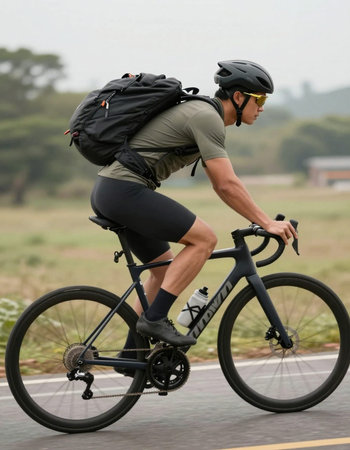 Rear view of a cyclist riding a bicycle in the countryside.
