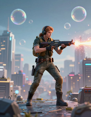 3D rendering of a soldier with a gun on the background of the city