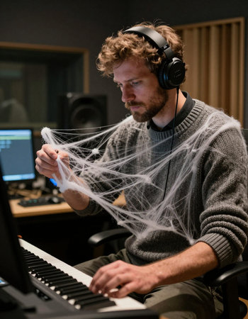 Young man in headphones playing the synthesizer in the studio