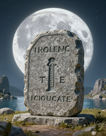Huge stone with the inscription of the name of the island on the background of the full moon