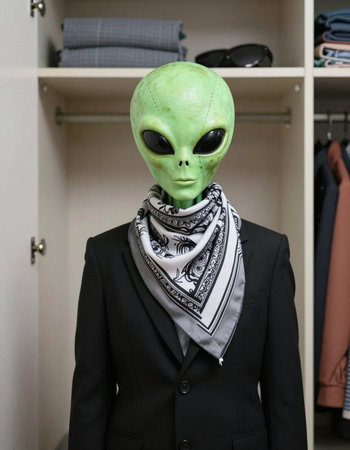 green alien mannequin with a scarf in a clothing store.