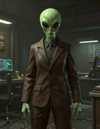 3D rendering of a green alien in a dark room with a computer