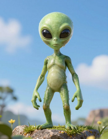 Green alien in the garden with blue sky background,conceptual image