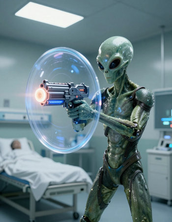 alien with a gun in a hospital ward. 3d rendering.