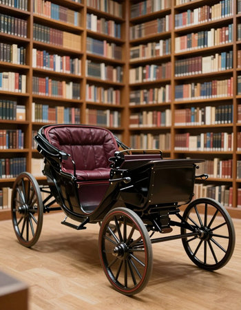 Vintage carriages in the library with bookshelves in the background