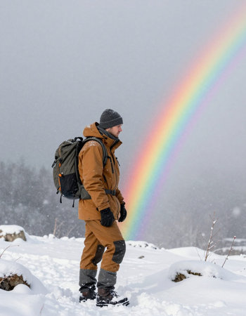 Hiker in winter mountains with a backpack and tent looking at a beautiful rainbow