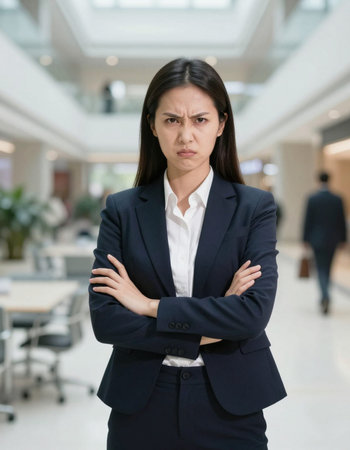 Confused businesswoman looking at camera with arms crossed in office lobby