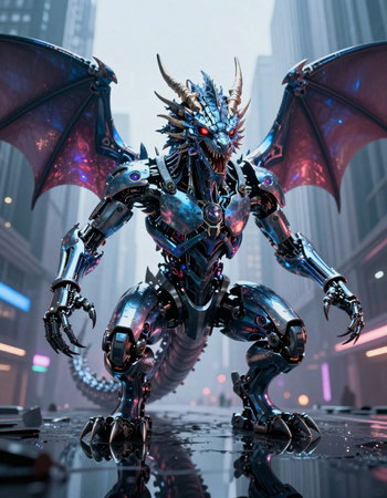 3D rendering of a fantasy dragon in a futuristic city environment.