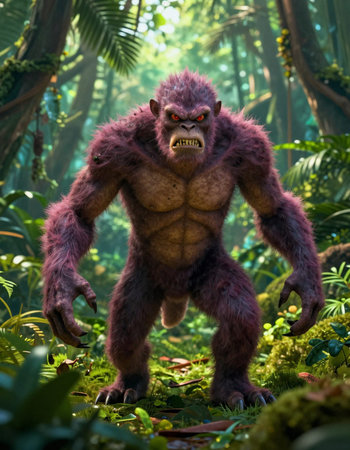 3D rendering of a giant gorilla in the jungle. Fantasy forest
