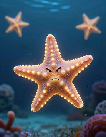 Cute starfish on the coral reef in the deep blue sea