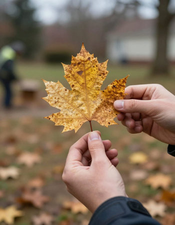 Autumn maple leaf in the hands of a child. Selective focus.