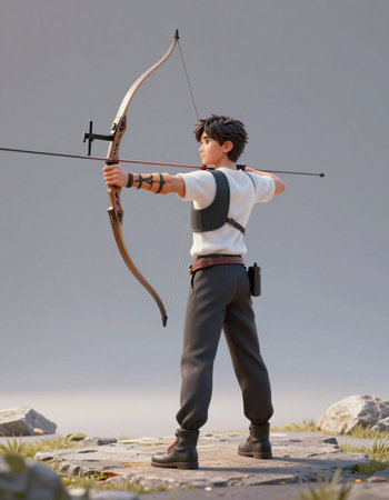 Archery boy with bow and arrow on the background of the sea