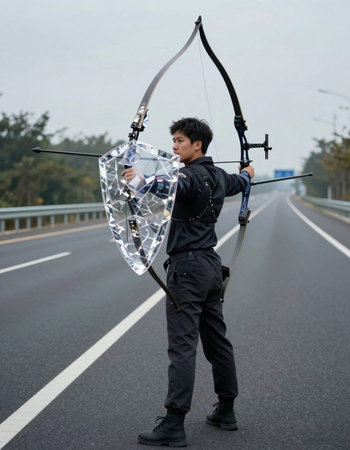 Archery man aiming with a bow and arrow on a highway.