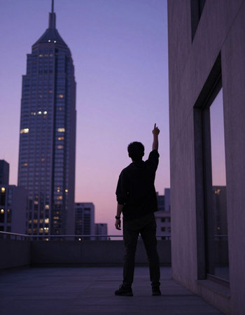 Silhouette of a man pointing at a building in the evening
