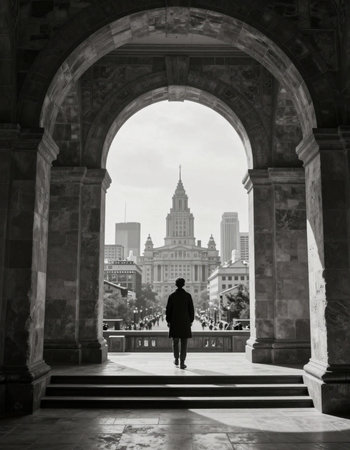 Silhouette of a man standing in front of a large building