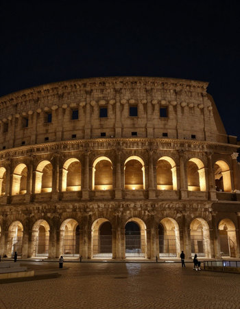 Colosseum in Rome, Italy at night. The Roman Colosseum is one of the main tourist attractions in...